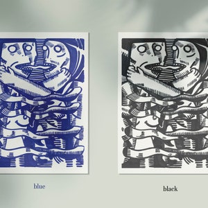 May include: Two black and white woodcut prints of a stylized figure with multiple arms and legs, one print is blue and the other is black.