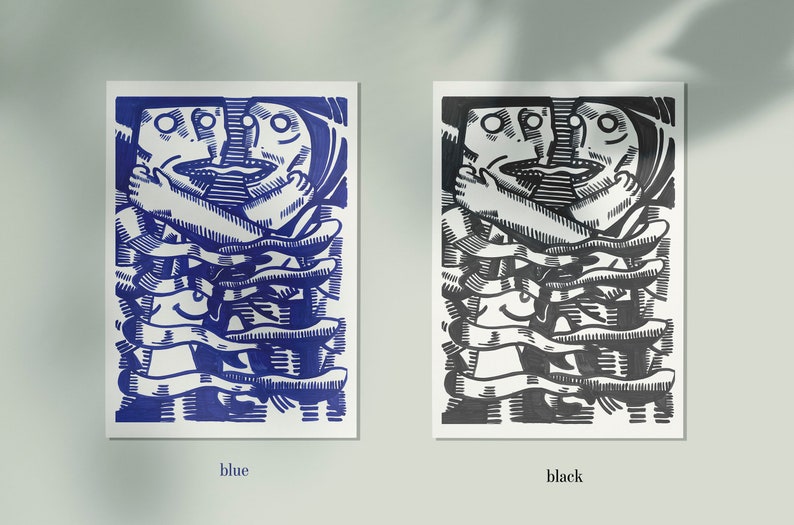 May include: Two black and white woodcut prints of a stylized figure with multiple arms and legs, one print is blue and the other is black.