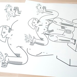 May include: Black and white line drawing of a seated figure with flames coming from its hands. The figure is wearing a hat and has a large, round head. The figure is sitting on a platform with its legs crossed. There are two smaller figures in the background, also wearing hats.