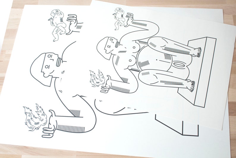 May include: Black and white line drawing of a seated figure with flames coming from its hands. The figure is wearing a hat and has a large, round head. The figure is sitting on a platform with its legs crossed. There are two smaller figures in the background, also wearing hats.