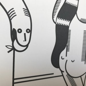 May include: Black and white line art illustration of two figures. One figure is a person with a long, flowing skirt and the other figure is a person with a long, thin neck and a small head.