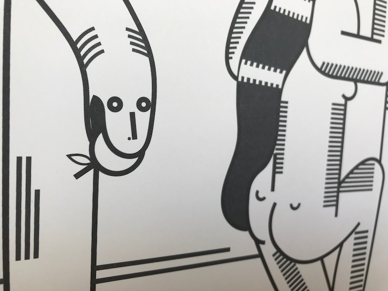 May include: Black and white line art illustration of two figures. One figure is a person with a long, flowing skirt and the other figure is a person with a long, thin neck and a small head.
