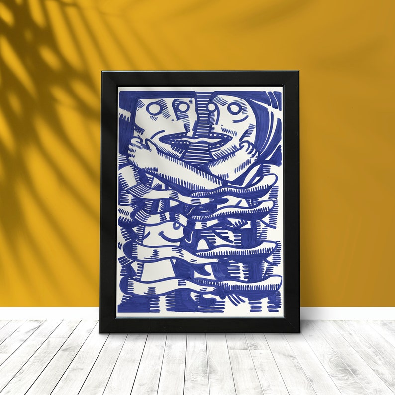 May include: A framed blue and white abstract illustration of two figures embracing. The figures are drawn in a stylized, almost cartoonish style. The artwork is framed in a black frame.