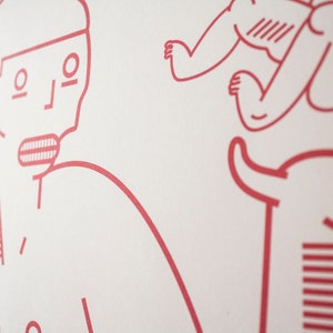 May include: A red line drawing of two figures on a white background. The figure on the left is a person with a short haircut and a simple face. The figure on the right is a person with a long, flowing tail.