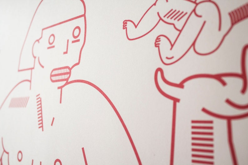 May include: A red line drawing of two figures on a white background. The figure on the left is a person with a short haircut and a simple face. The figure on the right is a person with a long, flowing tail.