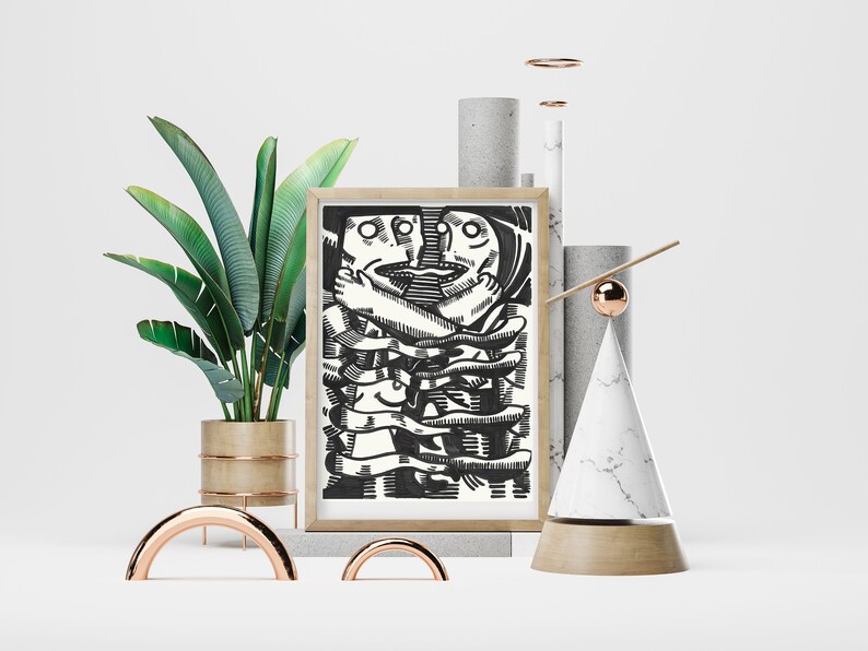 May include: A framed black and white illustration of two figures intertwined with each other. The illustration is set against a white background and surrounded by decorative objects, including a potted plant, a marble cone, and a copper rod.