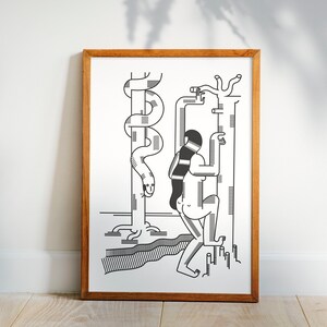 May include: A black and white line art print of a person standing next to a tree with a snake wrapped around it. The person is holding onto the tree with both hands. The print is framed in a wooden frame.