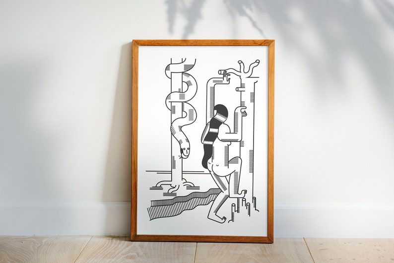 May include: A black and white line art print of a person standing next to a tree with a snake wrapped around it. The person is holding onto the tree with both hands. The print is framed in a wooden frame.