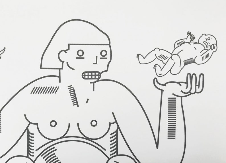 May include: A black and white line drawing of a woman holding a baby in her hand. The woman has short hair and is wearing a simple outfit. The baby is lying on its back with its arms outstretched.