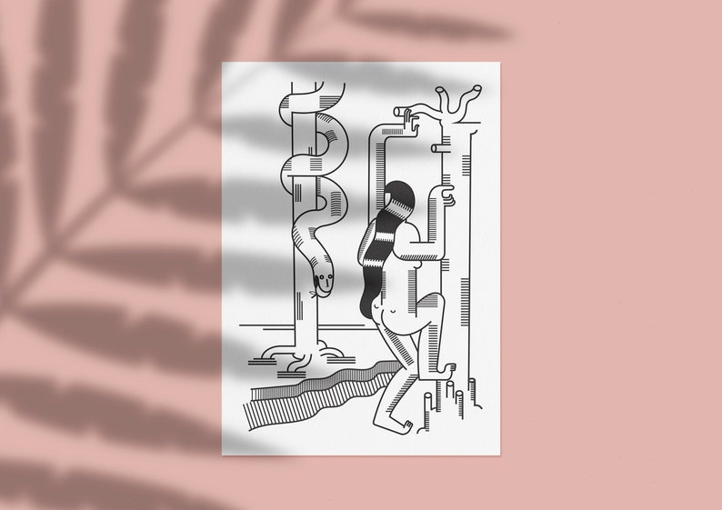 May include: Black and white line art illustration of a person standing next to a tree with a snake wrapped around it. The person is holding onto the tree with one hand and has their other hand on their hip. The snake is looking at the person.