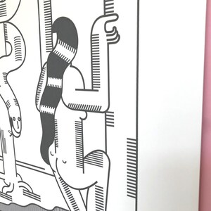 May include: Black and white line art illustration of a woman with long hair standing next to a snake wrapped around a pole. The woman is facing away from the viewer and has her arm raised. The snake is looking at the viewer.
