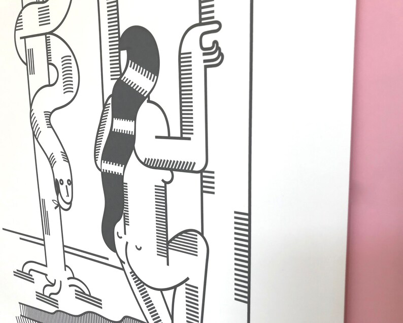 May include: Black and white line art illustration of a woman with long hair standing next to a snake wrapped around a pole. The woman is facing away from the viewer and has her arm raised. The snake is looking at the viewer.
