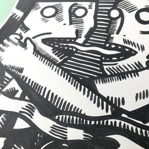 May include: Black and white line art drawing of two faces, one inside the other, with a mouth open in a scream. The faces are drawn with thick lines and hatching.