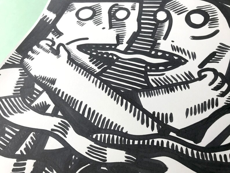 May include: Black and white line art drawing of two faces, one inside the other, with a mouth open in a scream. The faces are drawn with thick lines and hatching.