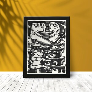 May include: Black and white line art drawing of two figures embracing, framed in a black frame.