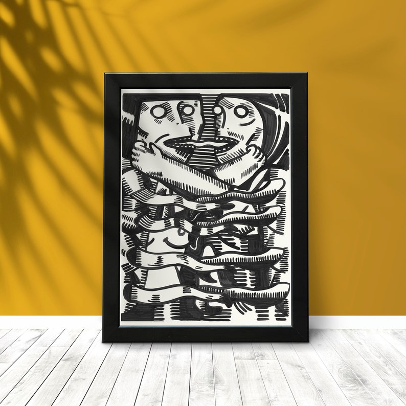 May include: Black and white line art drawing of two figures embracing, framed in a black frame.