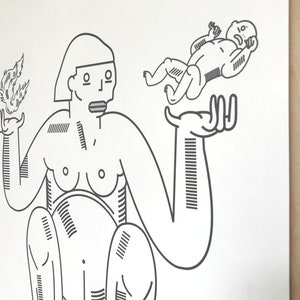 May include: A black and white line drawing of a woman holding a small baby in one hand and a flame in the other. The woman is sitting with her legs crossed and has a large belly. The baby is small and has a surprised expression on its face.