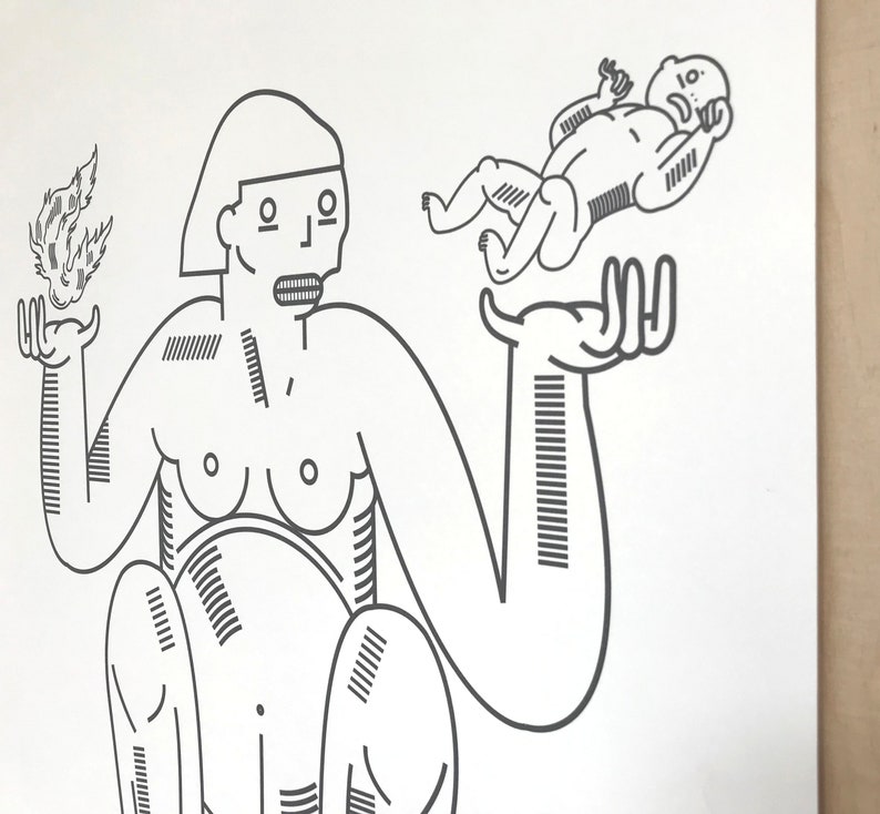 May include: A black and white line drawing of a woman holding a small baby in one hand and a flame in the other. The woman is sitting with her legs crossed and has a large belly. The baby is small and has a surprised expression on its face.
