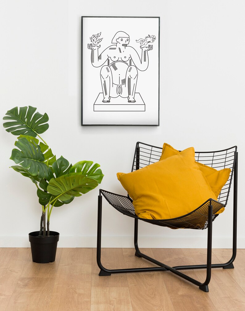May include: Black and white line art print of a stylized figure holding two objects in their hands. The figure is sitting on a platform. The print is framed and hanging on a white wall.