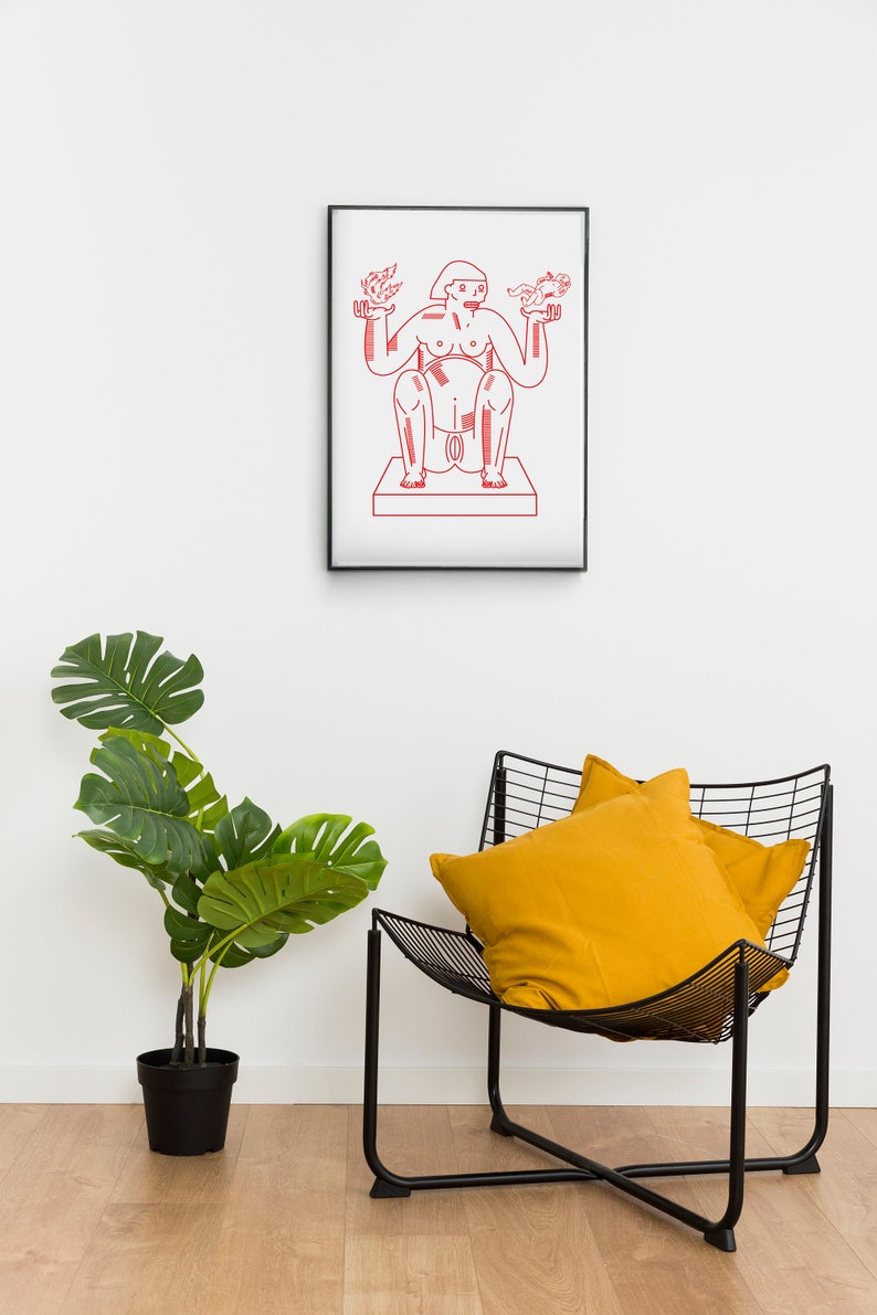 May include: A red line drawing of a person with outstretched arms holding birds in each hand. The drawing is framed in black and hanging on a white wall. A yellow pillow sits on a black wire chair in the foreground.