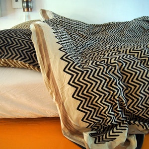 Herbally dyed Hand block printed Duvet cover 'Leheria' in brown and black | Natural, Eclectic, Geometric, Raw