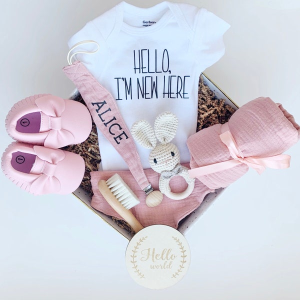 Baby Girl Gift Box, Baby Shower Gift Set, Pink, New Baby Gift, Newborn Gift, Personalized, Custom, Coming Home, Newborn Photo shoot, Bunny