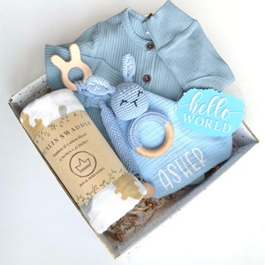 Baby Gift Box, Boy Baby Gift, Baby Shower Gift Basket, Gender Reveal kit, Baby Boy Present, New Baby Gift Set, Newborn Gift box, announce LARGE: Blue Sleeper