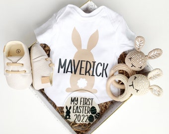 Premier panier-cadeau de tenue de Pâques, cadeau personnalisé pour panier de bébé, chemise lapin pour enfant, grenouillère personnalisé avec nom de lapin de Pâques pour bébé