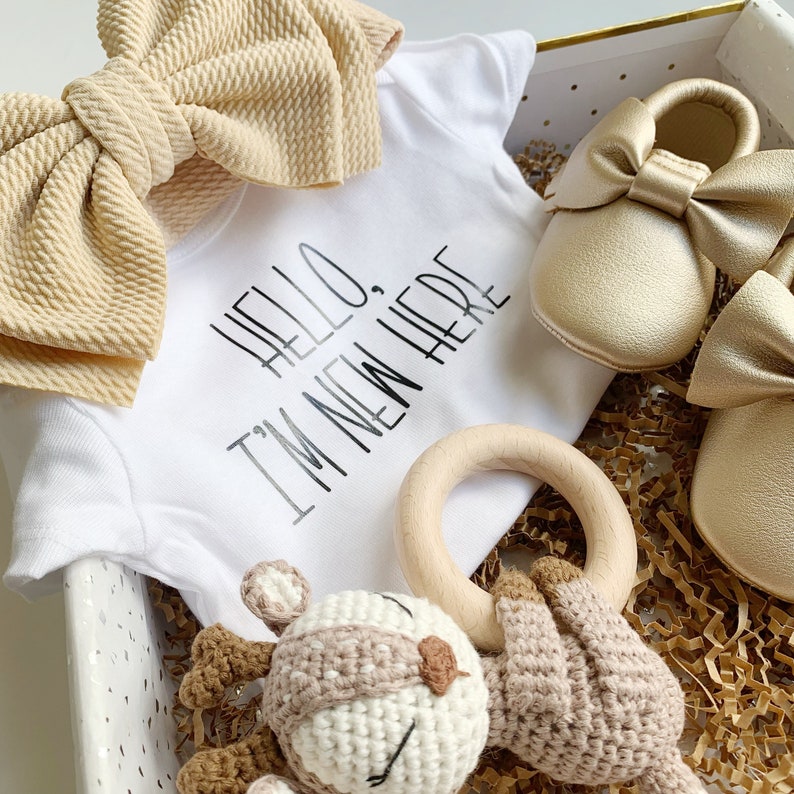 May include: A white onesie with the text "Hello, I'm New Here" in black lettering, a beige bow, a pair of gold baby shoes, a wooden teething ring, and a crocheted animal toy.