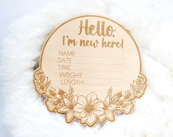 Floral Custom Engraved Baby Name Announcement Sign, Newborn Birth Stat Disk, Hospital Photo Prop, New Baby Birth Announcement, Wooden Plaque