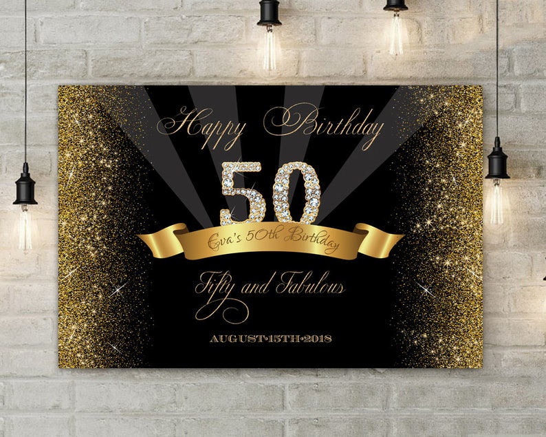 50th Birthday Party Backdrop Decor Black And Gold Fifty And Etsy
