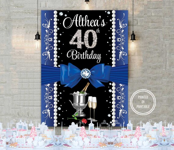 50th Birthday Party Backdrop Royal Blue And Silver Decor Etsy