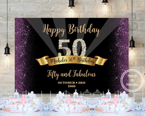 Printed 50th Birthday Party Backdrop Purple And Gold Fifty Etsy