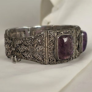 Antique floral Chinese export silver filigree amethyst bracelet image 2