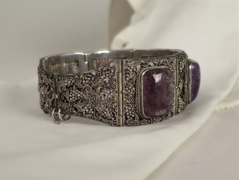 Antique floral Chinese export silver filigree amethyst bracelet image 2