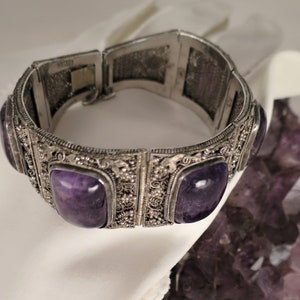 Antique floral Chinese export silver filigree amethyst bracelet image 5