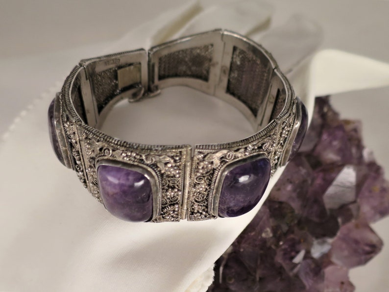 Antique floral Chinese export silver filigree amethyst bracelet image 5