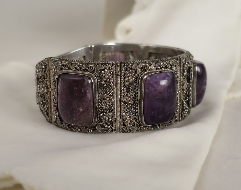 Antique floral Chinese export silver filigree amethyst bracelet image 1