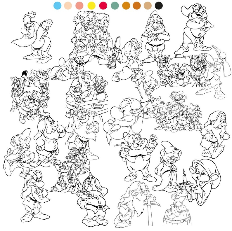 7 Seven Dwarfs Outline Bundle SVG Eps Dxf Snow White and ...