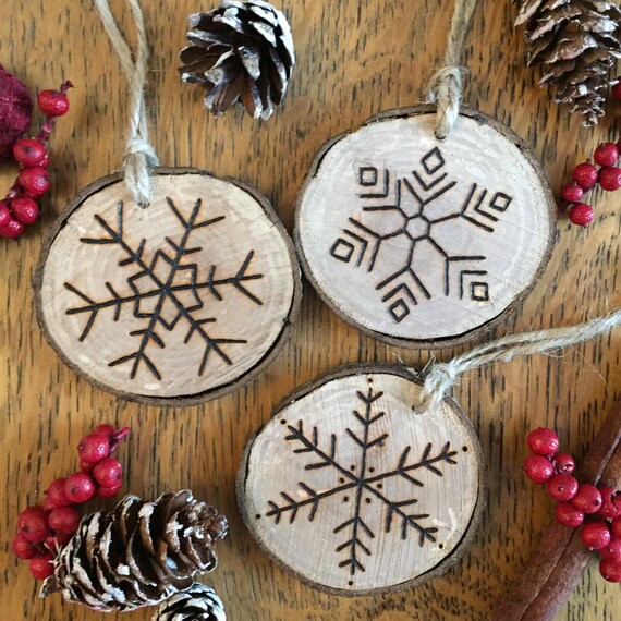 3 Christmas Wood Slice Decorations Pyrography Wood Burning Etsy