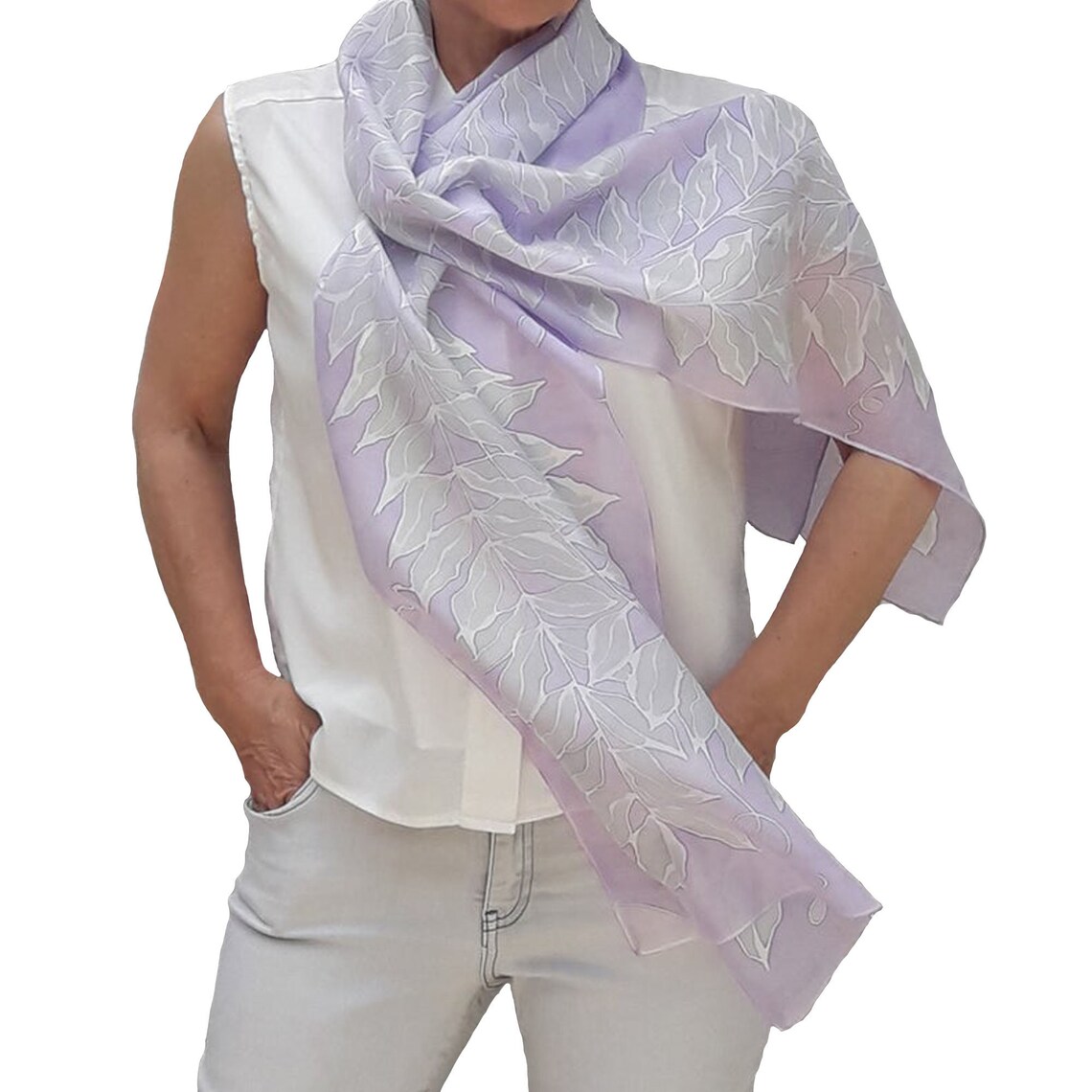 Lavender Silk Scarf Hand Painted with Leaves Long Scarf for | Etsy