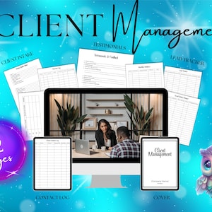 May include: Digital client management planner with a teal background and sparkling effects. The image includes a computer screen, forms, and a purple orb with the text "12 pages". Additional text includes "Client Intake", "Testimonials", and "Lead Tracker".