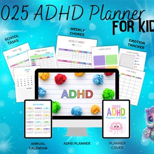 Może przedstawiać: Cyfrowy planer dla dzieci z ADHD, zawierający kolorowy kalendarz, cotygodniowe listy zadań, listy zadań szkolnych i śledzenie emocji. Okładka planera przedstawia kreskówkową sowę i tekst "2025 ADHD Planner for Kids".