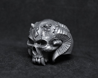 Devil horns demonic skull ring, handmade lead free pewter, brass and sterling silver ring, perfect gift for your loved ones