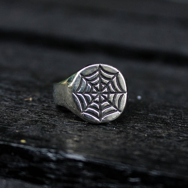Spider web silver signet ring, Old school tattoo style spider web ring, handmade silver ring, biker ring, punk rock gift, Father's gift, oni