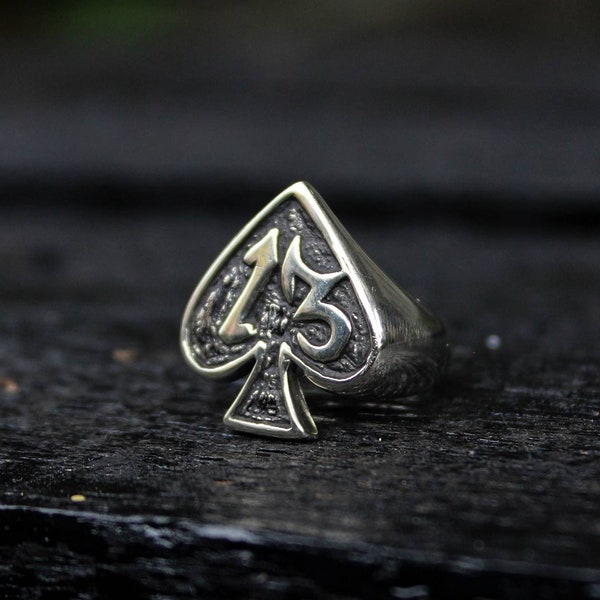 Lucky thirteen spades silver ring, lucky 13 ring, handmade silver ring, biker ring, Ace of spades, motorhead ring, rat fink, satanic ring