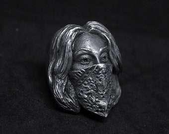 Rebel punk rock Lady with bandana ring, handmade lead free pewter, brass and sterling silver ring, perfect gift for your loved ones