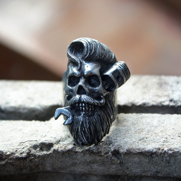 Bearded mechanic slick back hair biker skull ring, handmade lead free pewter ring, perfect halloween gift for your loved ones