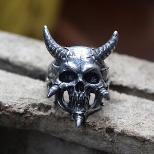 Devil horns monster demonic skull ring, handmade lead free pewter ring, perfect gift for your loved ones