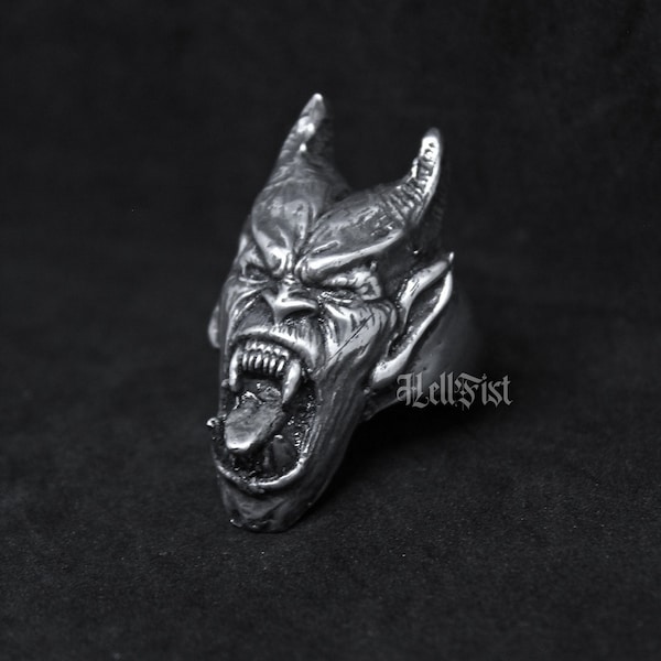 Handmade Lucifer demonic figure king of satan ring : Oxidized lead free pewter Lucifer ring